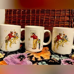 Set of 3 VTG 80s normal Rockwell father and son fishing mugs • antique art